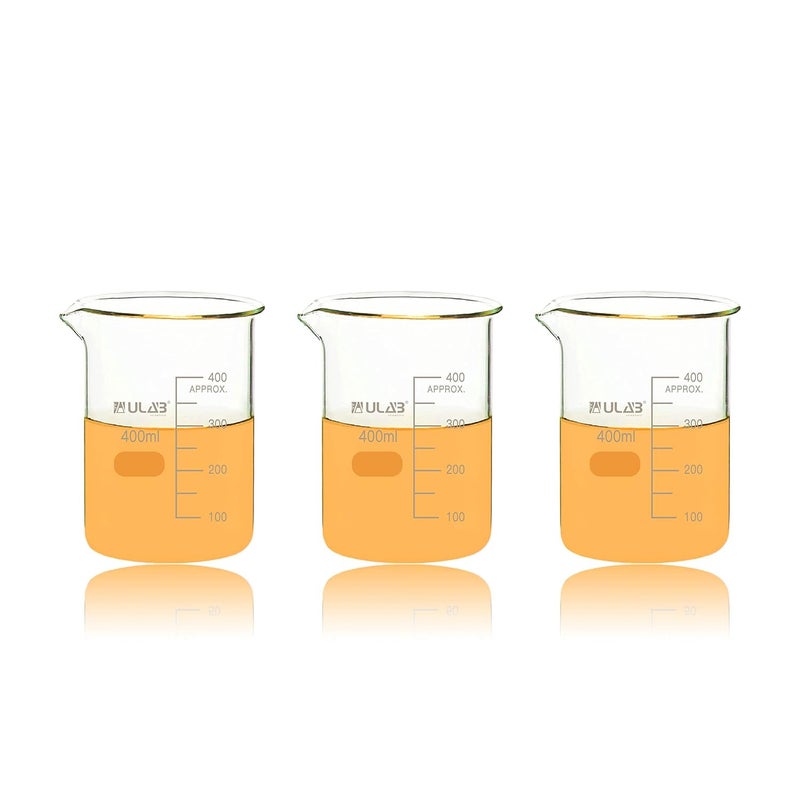 ULAB Scientific Glass Beakers, Vol. 400ml, 3.3 Borosilicate Griffin Low Form with Printed Graduation, Pack of 3, UBG1035 - Image 1